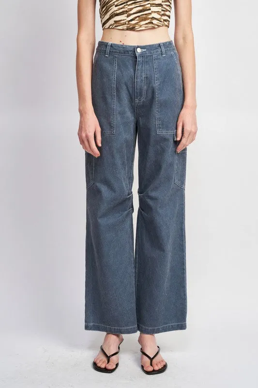 Classic Stylish Casual High Rise Wide-Leg Cargo Pants Denim Jeans