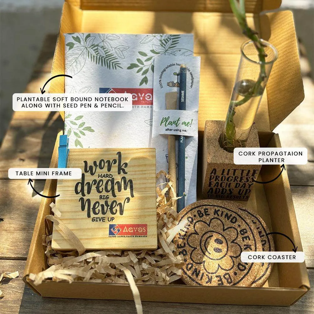Eco Friendly Gift Hamper | Wood Quote Themed Framed Cork Propagation Planter, Table Mini Frame, Cork Coasters, Plantable Notable with seed Pen & Pencil |  For Room Home and Office Decor