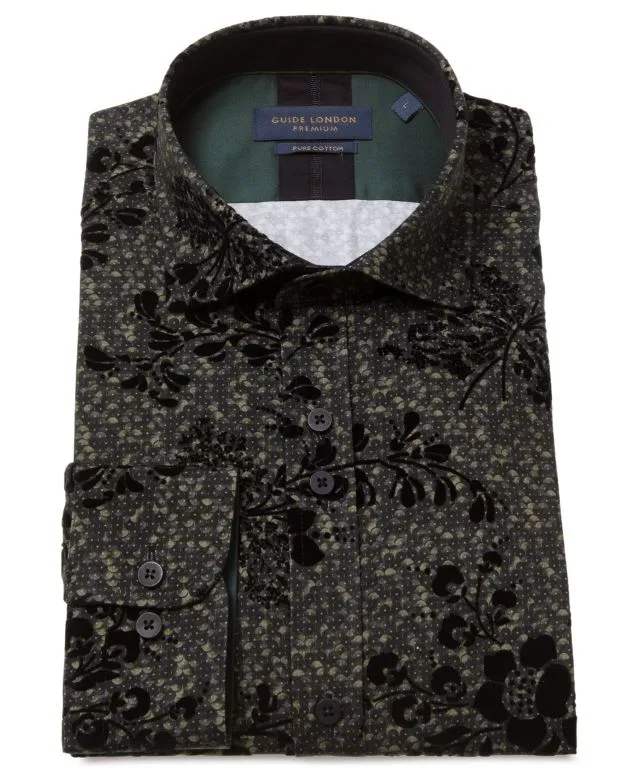 Guide London Floral Green  Flock Long Sleeve Shirt - Ls77014-Green