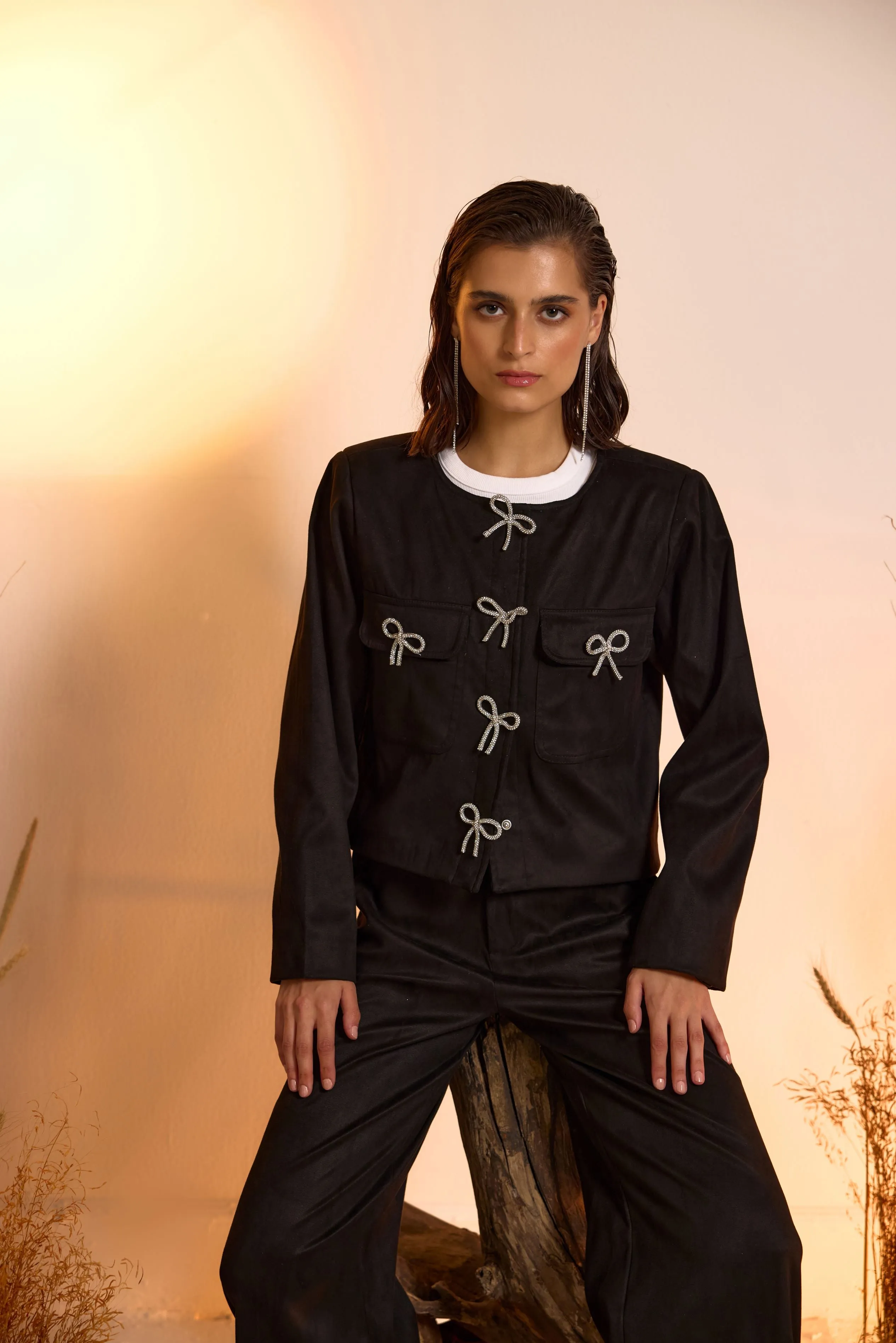 Rhinestone Bow Detailed Suede Jacket & Pant Set