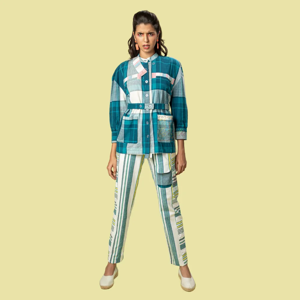 Safari Shirt For Women | Smart Resort Look | Check Surface | Teal Blue & White