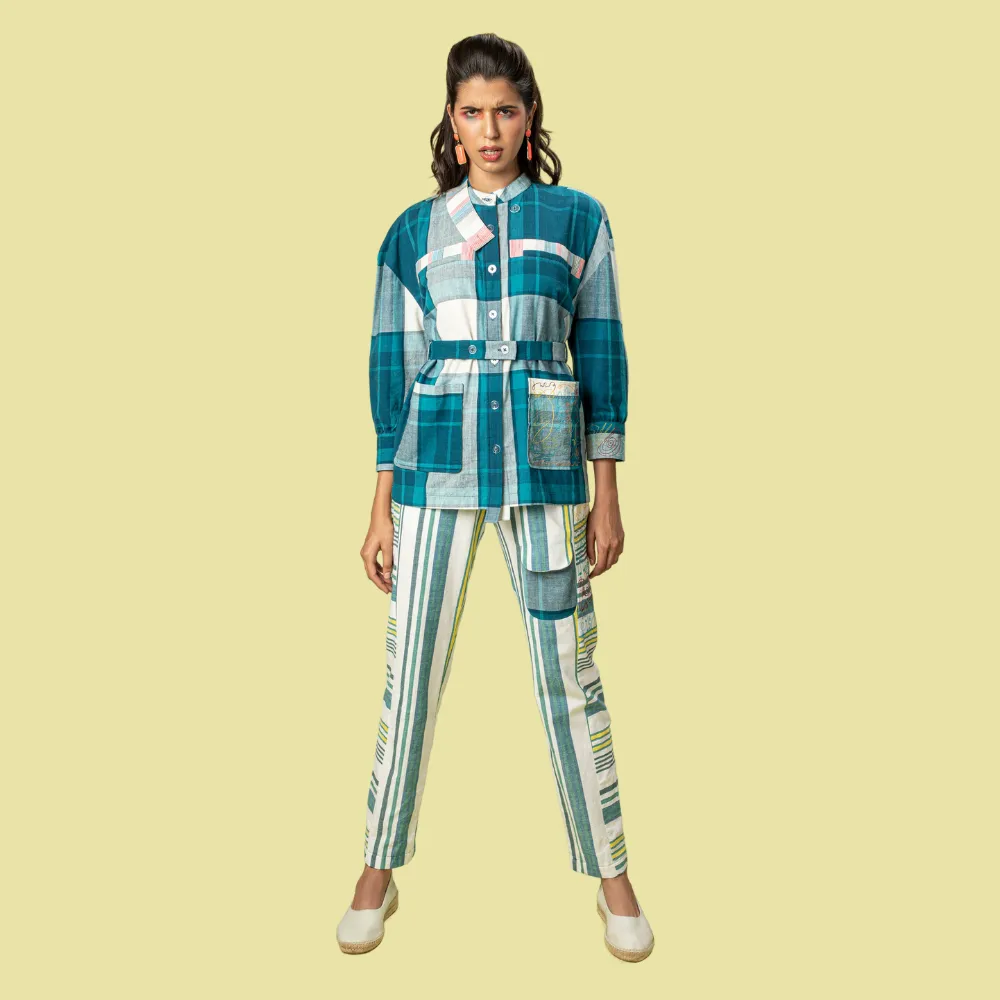 Safari Shirt For Women | Smart Resort Look | Check Surface | Teal Blue & White