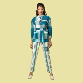 Safari Shirt For Women | Smart Resort Look | Check Surface | Teal Blue & White