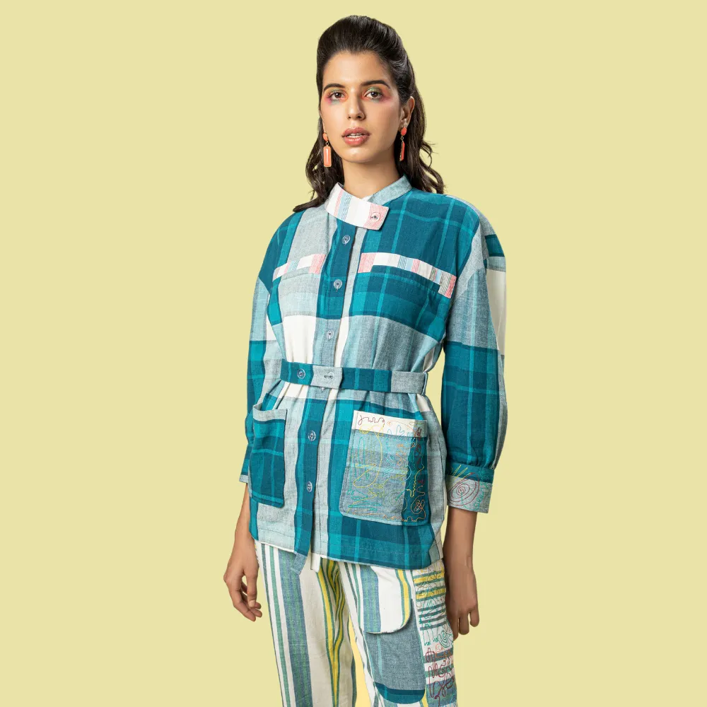 Safari Shirt For Women | Smart Resort Look | Check Surface | Teal Blue & White