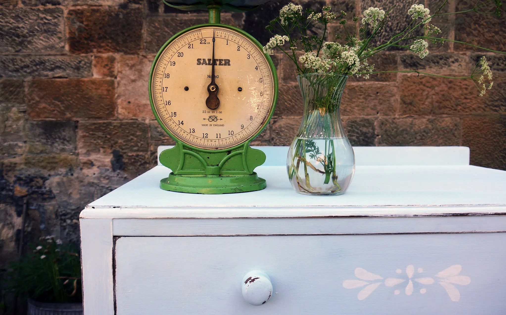 Vintage blue stencilled painted chest of drawers