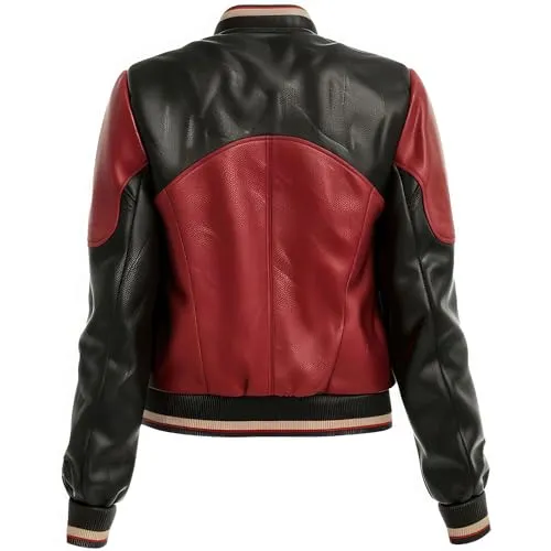 Womens Maroon Black Genuine Sheepskin Classy Baseball Collar Soft Rib Knit Zip up Varsity Leather Jacket